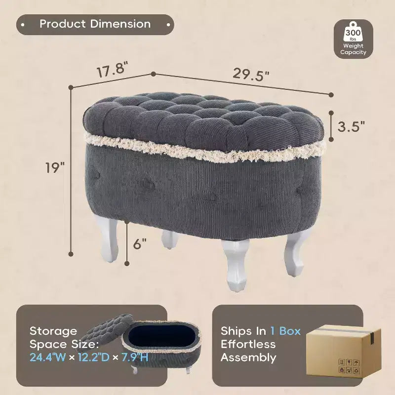 TUYOHW 29.5 Panchina Pouf Contenitore Retrò da Fondo Letto con Frange, Elegante Pouf Accent Trapuntato per Camera da Letto e Soggiorno, Capacità 136 kg