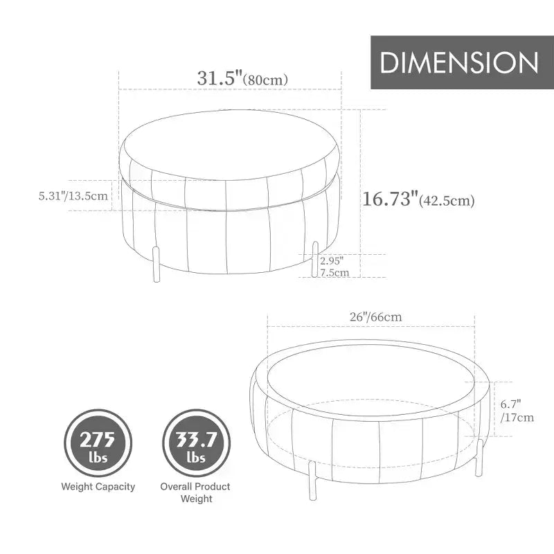 TUYOHW 31.5W Ottomana Rotonda con Coperchio Reversibile, Ottomana/Tavolino da Caffè di Lusso in Velluto per Soggiorno, Poggiapiedi d'Accento, Capacità 125kg