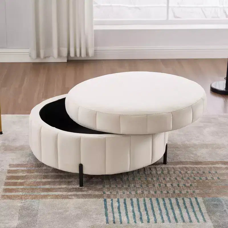 TUYOHW 31.5W Ottomana Rotonda con Coperchio Reversibile, Ottomana/Tavolino da Caffè di Lusso in Velluto per Soggiorno, Poggiapiedi d'Accento, Capacità 125kg