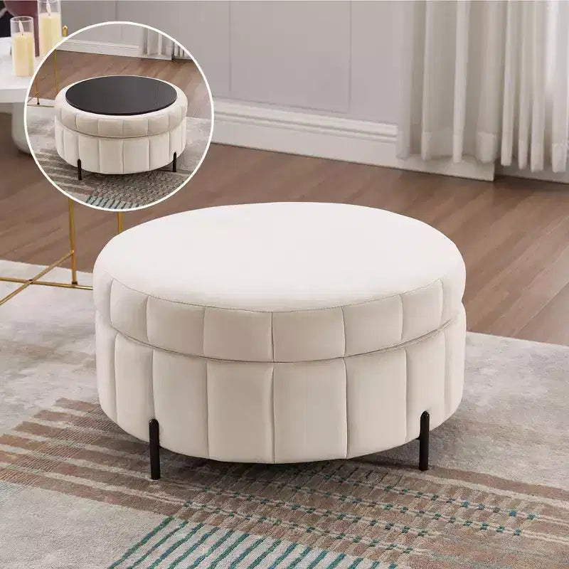 TUYOHW 31.5W Ottomana Rotonda con Coperchio Reversibile, Ottomana/Tavolino da Caffè di Lusso in Velluto per Soggiorno, Poggiapiedi d'Accento, Capacità 125kg