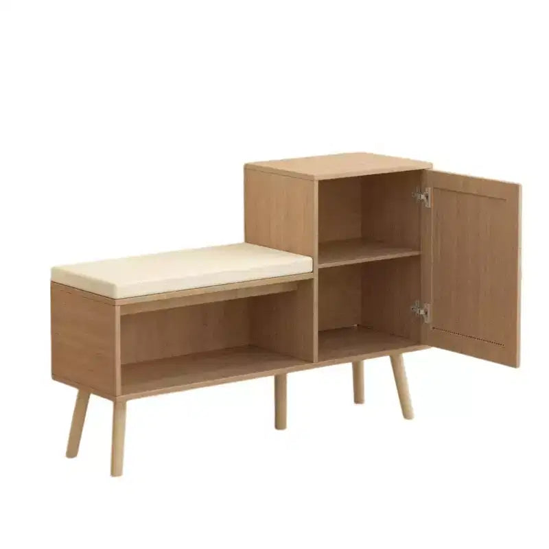 TUYOHW Panca scarpiera in rattan sintetico stile Boho con ripiano e 1 anta, moderna panca contenitore da ingresso con cuscino rimovibile per corridoio e camera da letto, naturale