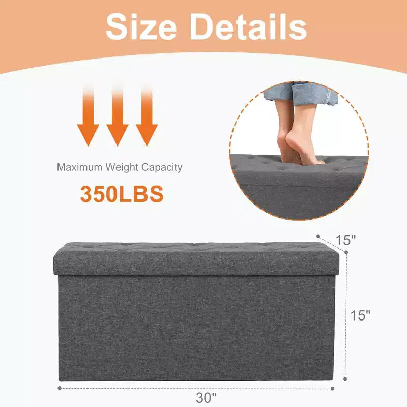 Panca poggiapiedi Okak 76 x 110 cm con contenitore e seduta imbottita in schiuma spessa, pieghevole con grande capacità, panca per la camera da letto o il soggiorno