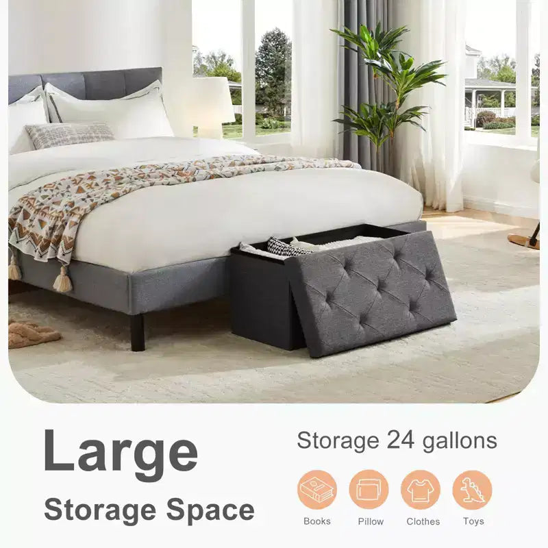 Panca poggiapiedi Okak 76 x 110 cm con contenitore e seduta imbottita in schiuma spessa, pieghevole con grande capacità, panca per la camera da letto o il soggiorno