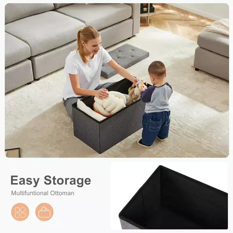 Panca poggiapiedi Okak 76 x 110 cm con contenitore e seduta imbottita in schiuma spessa, pieghevole con grande capacità, panca per la camera da letto o il soggiorno