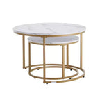 VEVOR Nesting Coffee Table Set of 2, 27.6 in Round Coffee Table, Nesting Tables, Vintage End Side Tables Night Stand with Metal Frame, White & Gold