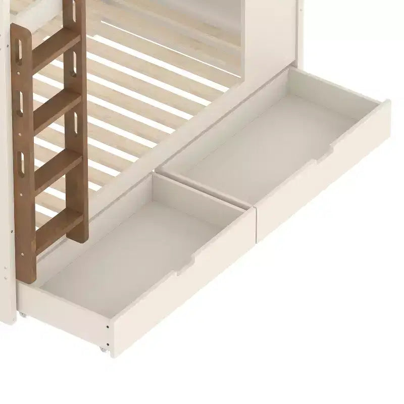 Bellemave Letto a castello Queen su Queen con cassetti e mensole portaoggetti, struttura in legno massiccio con ganci, non necessita di rete a molle