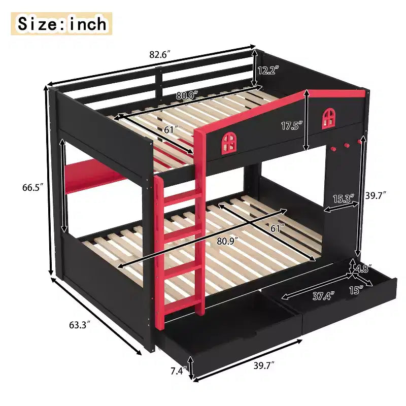 Bellemave Letto a castello Queen su Queen con cassetti e mensole portaoggetti, struttura in legno massiccio con ganci, non necessita di rete a molle