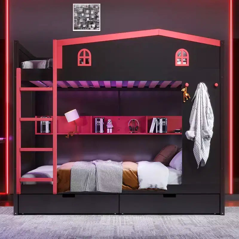 Bellemave Letto a castello Queen su Queen con cassetti e mensole portaoggetti, struttura in legno massiccio con ganci, non necessita di rete a molle