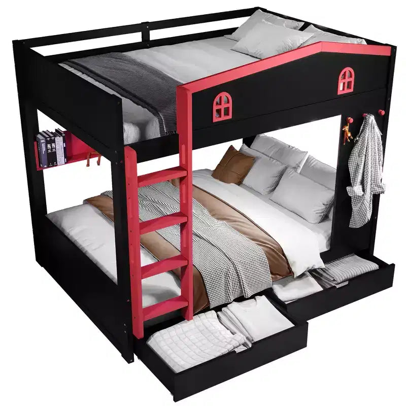 Bellemave Letto a castello Queen su Queen con cassetti e mensole portaoggetti, struttura in legno massiccio con ganci, non necessita di rete a molle