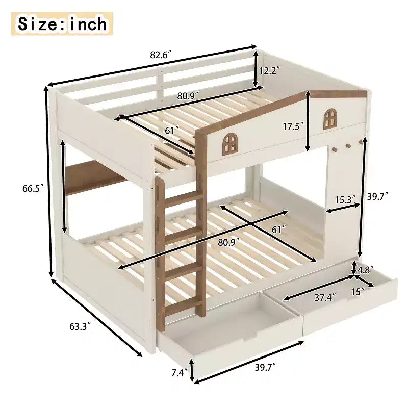 Bellemave Letto a castello Queen su Queen con cassetti e mensole portaoggetti, struttura in legno massiccio con ganci, non necessita di rete a molle