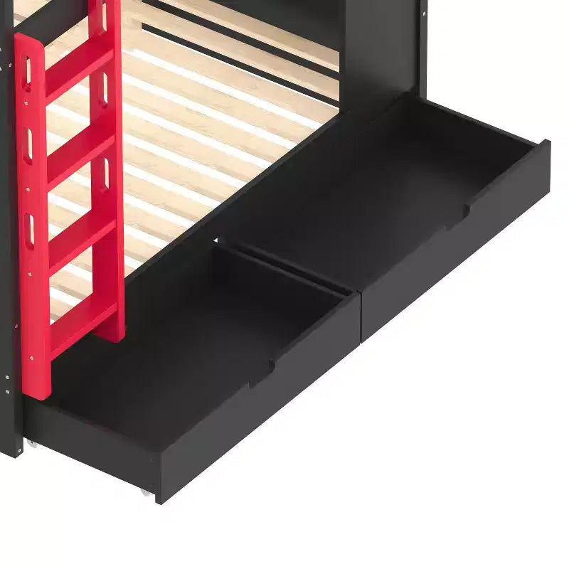 Bellemave Letto a castello Queen su Queen con cassetti e mensole portaoggetti, struttura in legno massiccio con ganci, non necessita di rete a molle
