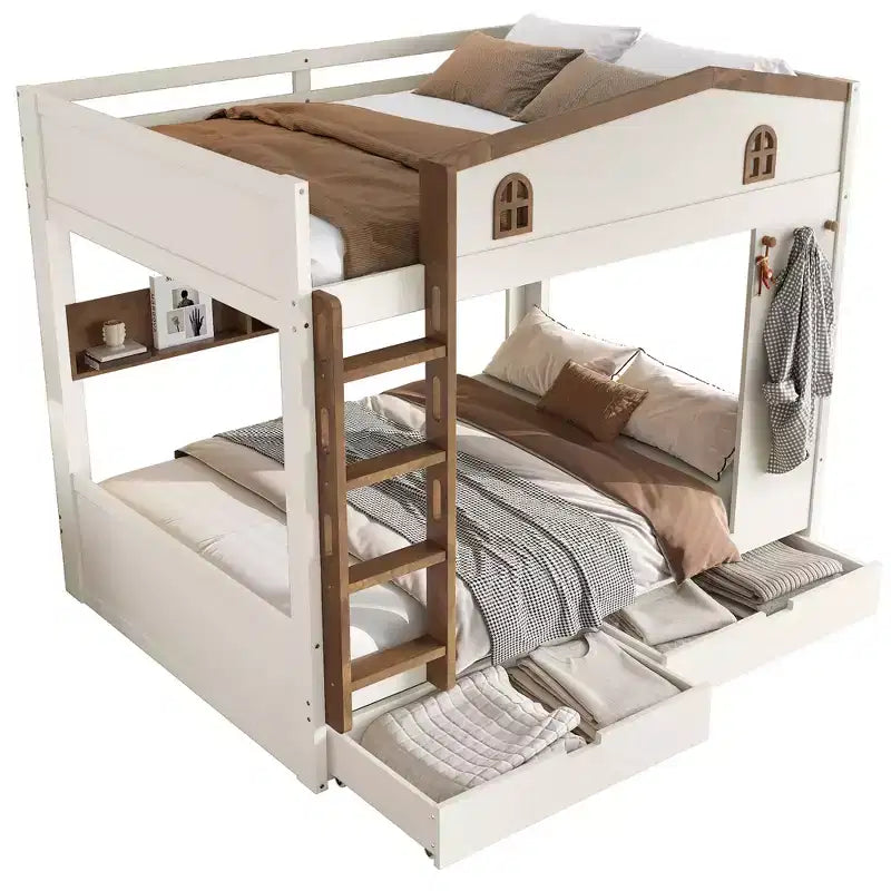Bellemave Letto a castello Queen su Queen con cassetti e mensole portaoggetti, struttura in legno massiccio con ganci, non necessita di rete a molle