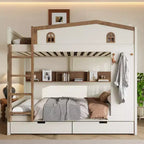 Bellemave Letto a castello Queen su Queen con cassetti e mensole portaoggetti, struttura in legno massiccio con ganci, non necessita di rete a molle