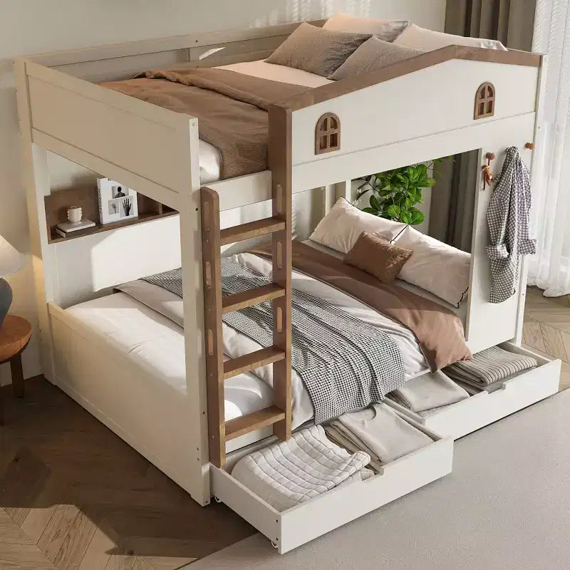 Bellemave Letto a castello Queen su Queen con cassetti e mensole portaoggetti, struttura in legno massiccio con ganci, non necessita di rete a molle