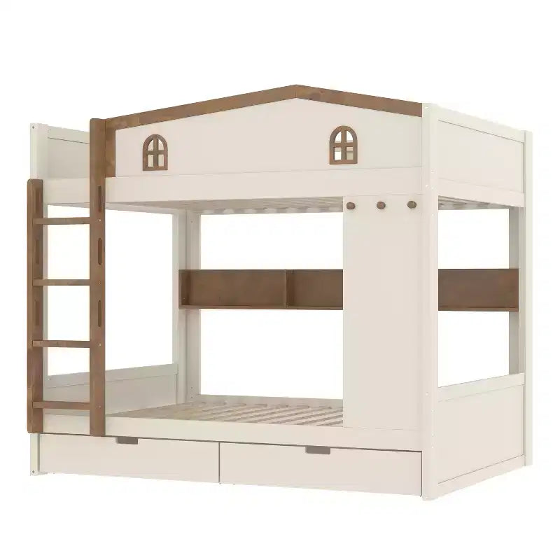 Bellemave Letto a castello Queen su Queen con cassetti e mensole portaoggetti, struttura in legno massiccio con ganci, non necessita di rete a molle