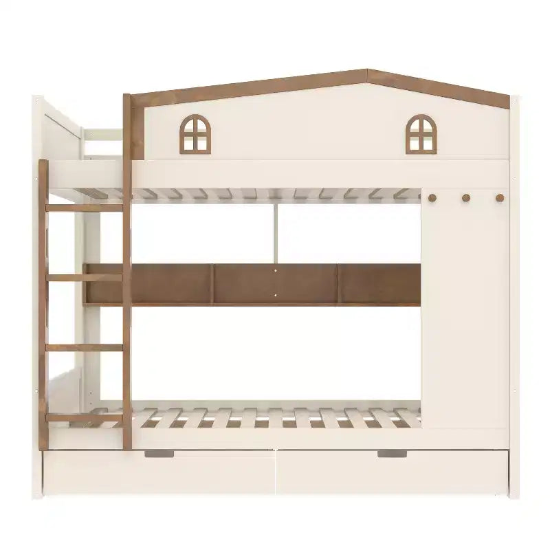 Bellemave Letto a castello Queen su Queen con cassetti e mensole portaoggetti, struttura in legno massiccio con ganci, non necessita di rete a molle
