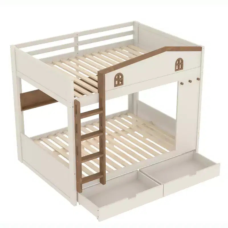 Bellemave Letto a castello Queen su Queen con cassetti e mensole portaoggetti, struttura in legno massiccio con ganci, non necessita di rete a molle