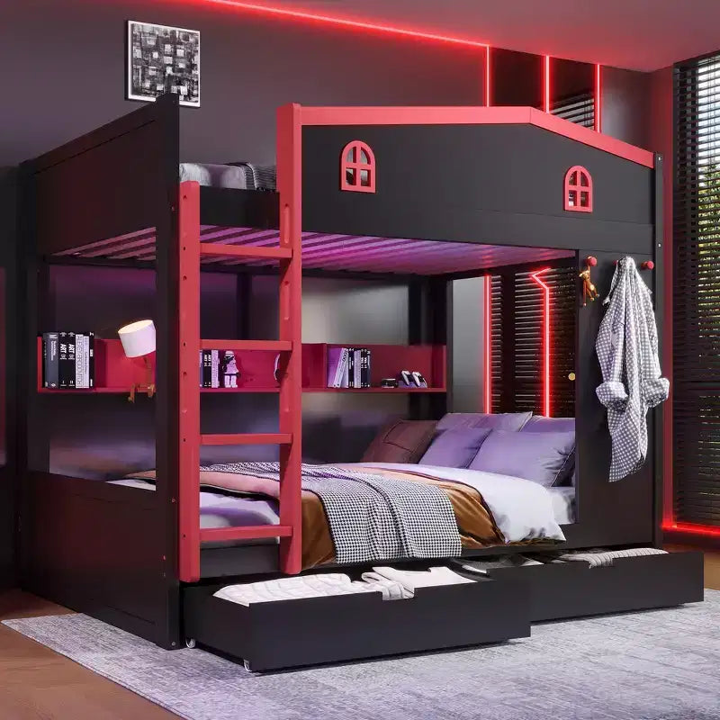 Bellemave Letto a castello Queen su Queen con cassetti e mensole portaoggetti, struttura in legno massiccio con ganci, non necessita di rete a molle