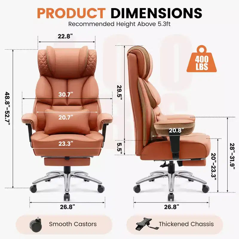 Sedia in pelle grande e alta KERDOM con poggiapiedi, poltrona direzionale ergonomica comoda e spaziosa con schienale alto e supporto lombare, nera