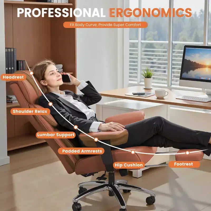 Sedia in pelle grande e alta KERDOM con poggiapiedi, poltrona direzionale ergonomica comoda e spaziosa con schienale alto e supporto lombare, nera