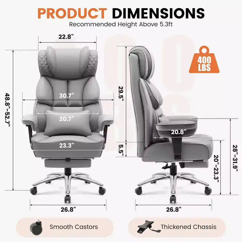 Sedia in pelle grande e alta KERDOM con poggiapiedi, poltrona direzionale ergonomica comoda e spaziosa con schienale alto e supporto lombare, nera