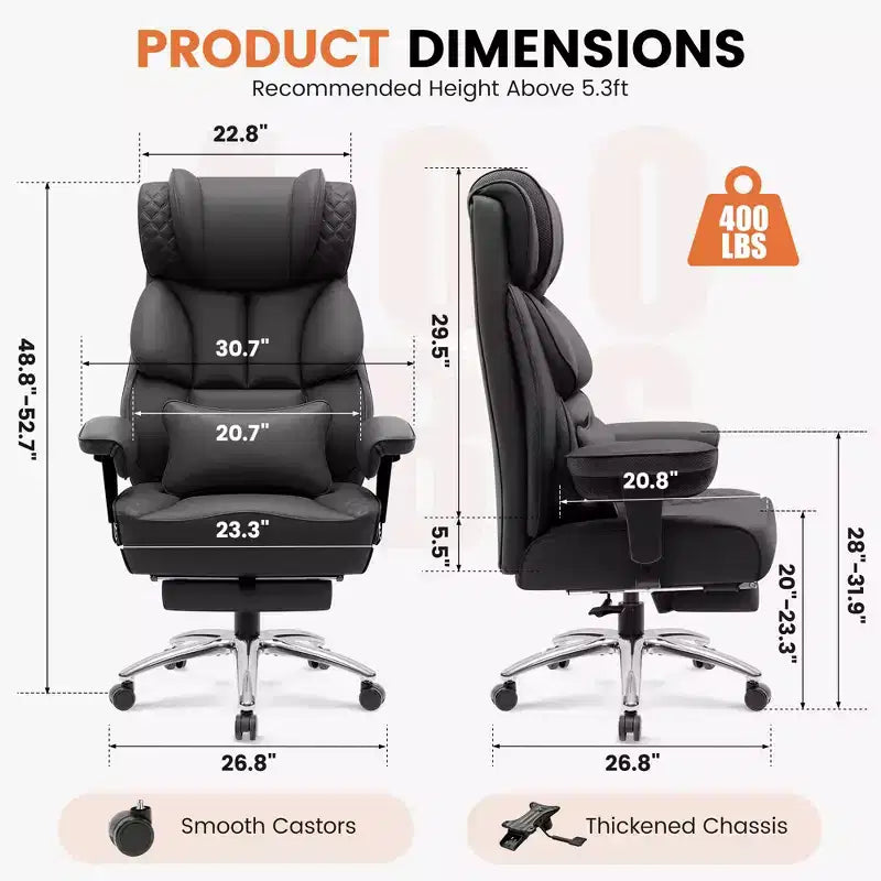 Sedia in pelle grande e alta KERDOM con poggiapiedi, poltrona direzionale ergonomica comoda e spaziosa con schienale alto e supporto lombare, nera