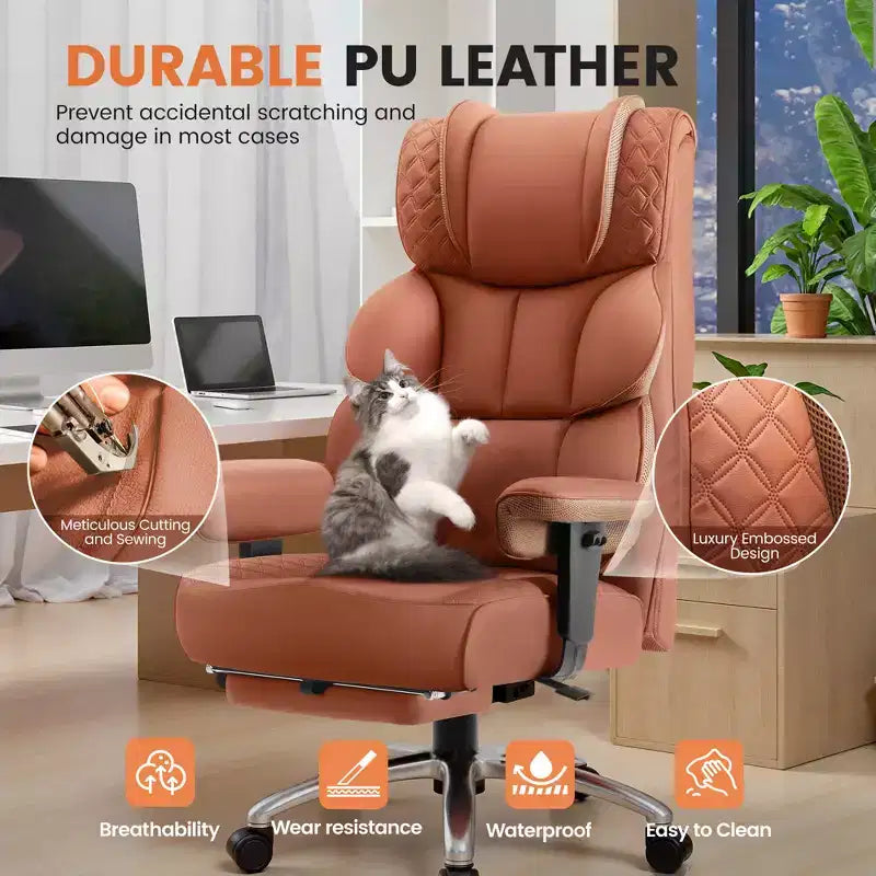 Sedia in pelle grande e alta KERDOM con poggiapiedi, poltrona direzionale ergonomica comoda e spaziosa con schienale alto e supporto lombare, nera