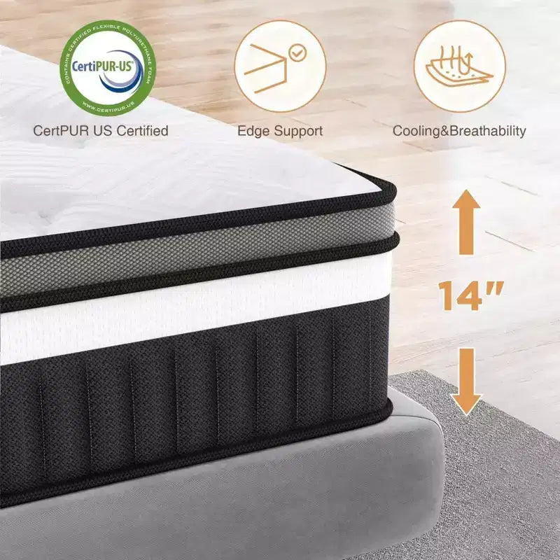 Materasso King da 14 Pollici, Memory Foam Gel e Molle Insacchettate Indipendenti, Rinfrescante, Media Durezza, Certificato CertiPUR-US, Materasso in Scatola