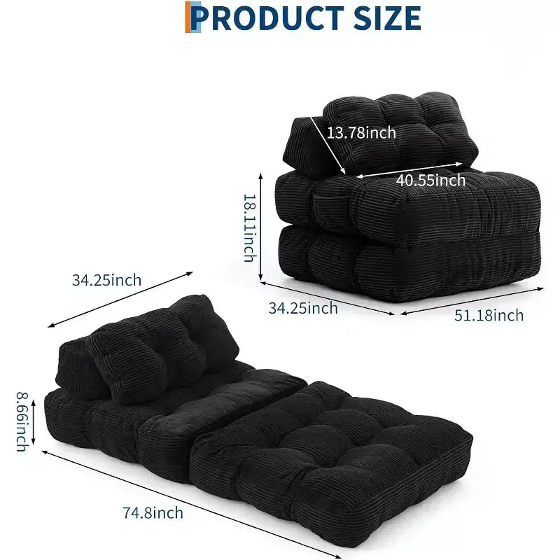 Divano Letto Pieghevole Singolo & Poltrona Letto con Cuscino, Materasso Portatile con Supporto per Soggiorno, Camera da Letto, Dormitorio, Appartamento Nero (2pz)