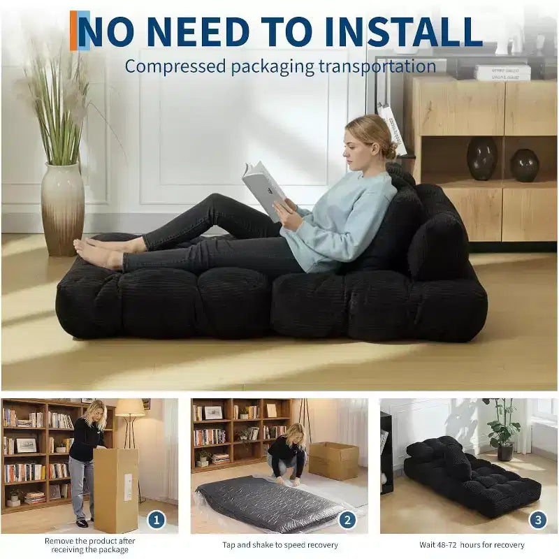 Divano Letto Pieghevole Singolo & Poltrona Letto con Cuscino, Materasso Portatile con Supporto per Soggiorno, Camera da Letto, Dormitorio, Appartamento Nero (2pz)