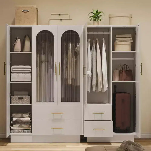 Mobile Contenitore a 2 Ante con Anta in Vetro, Armadietto Organizer Moderno in Legno con Aste Appendine e 2 Cassetti, Armadio Contenitore Alto