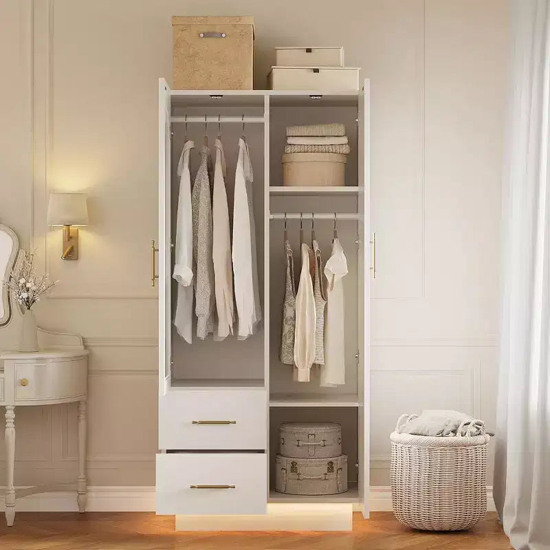 Mobile Contenitore a 2 Ante con Anta in Vetro, Armadietto Organizer Moderno in Legno con Aste Appendine e 2 Cassetti, Armadio Contenitore Alto