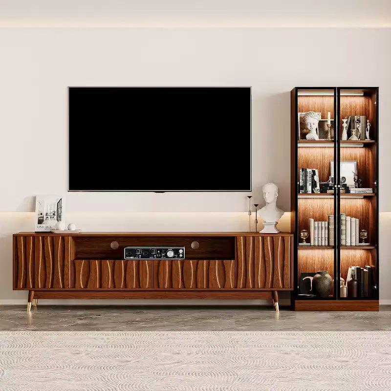 Set mobile TV, vetrinetta in vetro e tavolino da caffè ATJafurn, set soggiorno a tre pezzi in stile metà secolo, centro di intrattenimento per TV fino a 85", noce