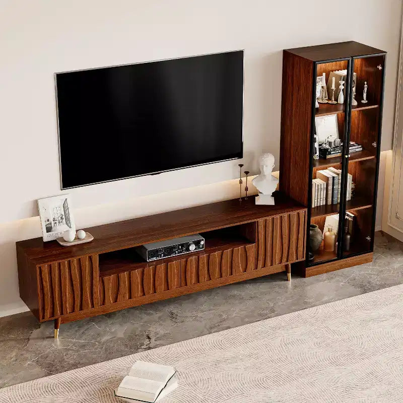 Set mobile TV, vetrinetta in vetro e tavolino da caffè ATJafurn, set soggiorno a tre pezzi in stile metà secolo, centro di intrattenimento per TV fino a 85", noce