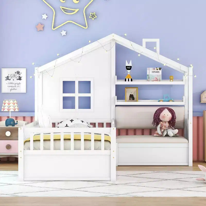 Telaio letto a casetta Whisen, per bambini, con divano, due cassetti e ripiano portaoggetti