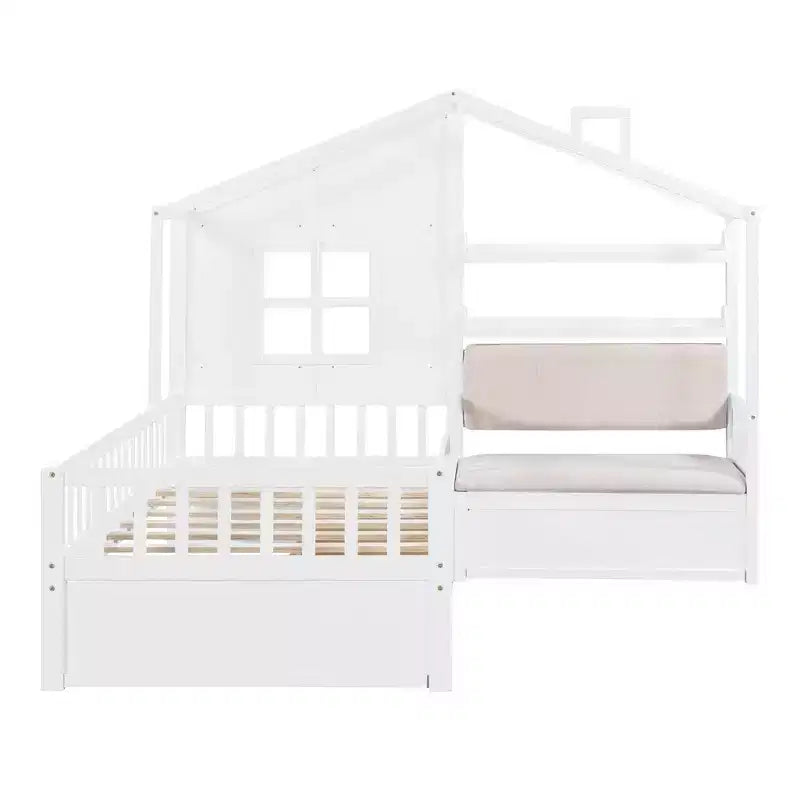 Telaio letto a casetta Whisen, per bambini, con divano, due cassetti e ripiano portaoggetti