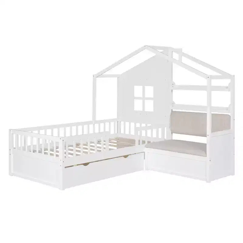 Telaio letto a casetta Whisen, per bambini, con divano, due cassetti e ripiano portaoggetti