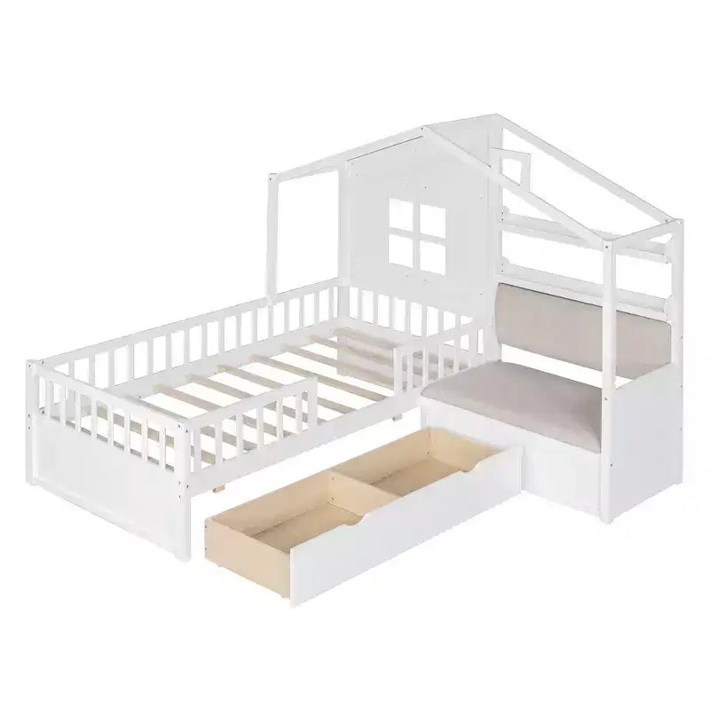 Telaio letto a casetta Whisen, per bambini, con divano, due cassetti e ripiano portaoggetti