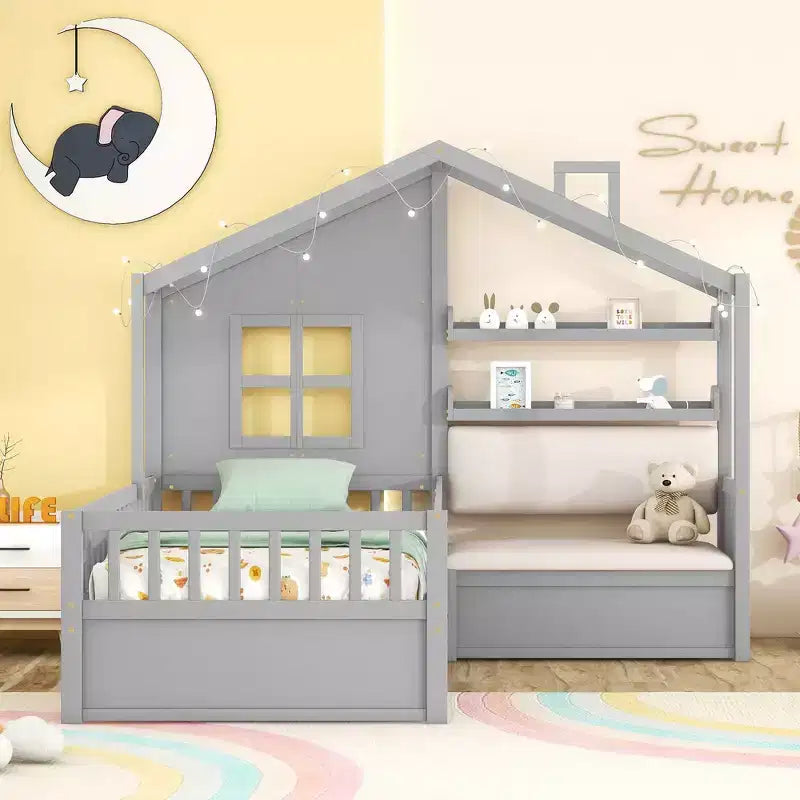 Telaio letto a casetta Whisen, per bambini, con divano, due cassetti e ripiano portaoggetti