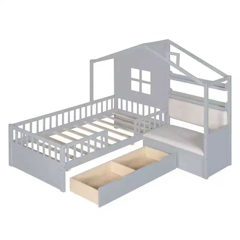 Telaio letto a casetta Whisen, per bambini, con divano, due cassetti e ripiano portaoggetti