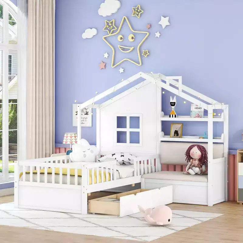 Telaio letto a casetta Whisen, per bambini, con divano, due cassetti e ripiano portaoggetti