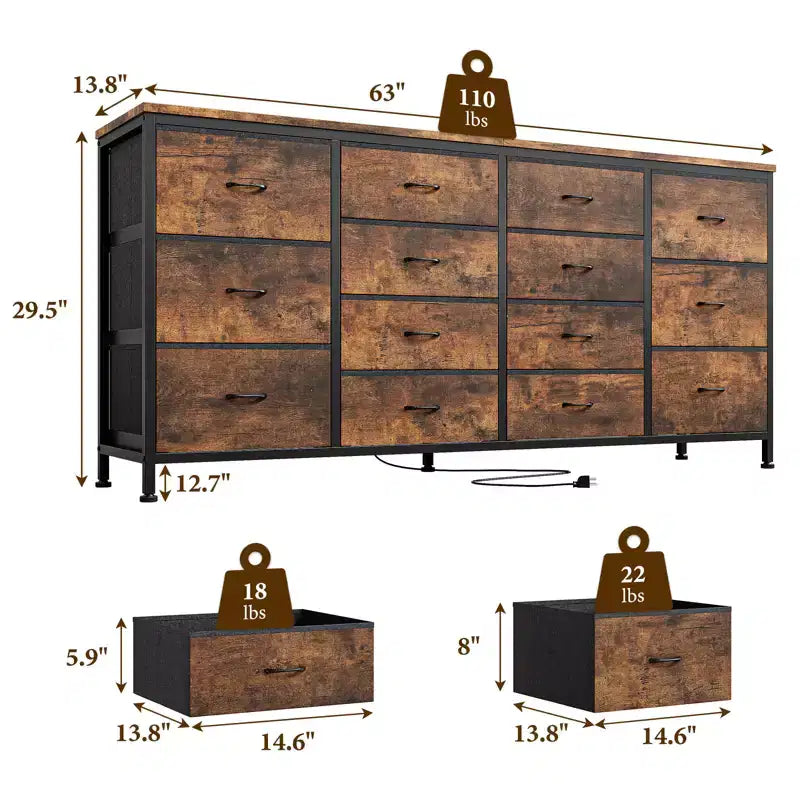 Cassettiera Accent moderno da 63 pollici, porta TV per televisori da 65/70/75 pollici, armadietto a 14 cassetti per camera da letto, cassettiera grande e lunga in tessuto, mobile TV