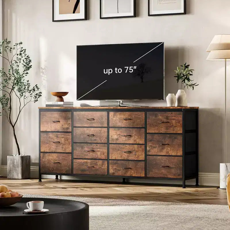 Cassettiera Accent moderno da 63 pollici, porta TV per televisori da 65/70/75 pollici, armadietto a 14 cassetti per camera da letto, cassettiera grande e lunga in tessuto, mobile TV