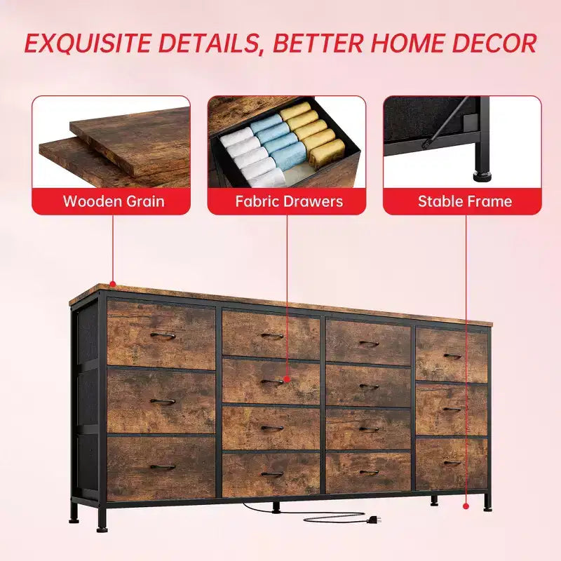 Cassettiera Accent moderno da 63 pollici, porta TV per televisori da 65/70/75 pollici, armadietto a 14 cassetti per camera da letto, cassettiera grande e lunga in tessuto, mobile TV