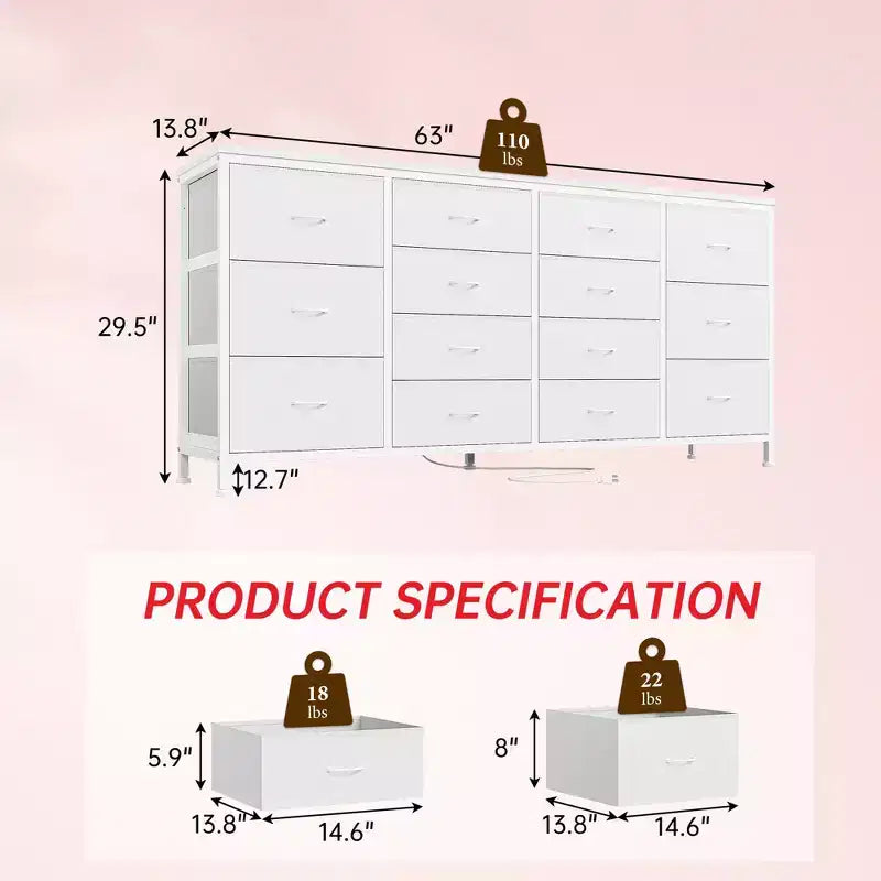 Cassettiera Accent moderno da 63 pollici, porta TV per televisori da 65/70/75 pollici, armadietto a 14 cassetti per camera da letto, cassettiera grande e lunga in tessuto, mobile TV