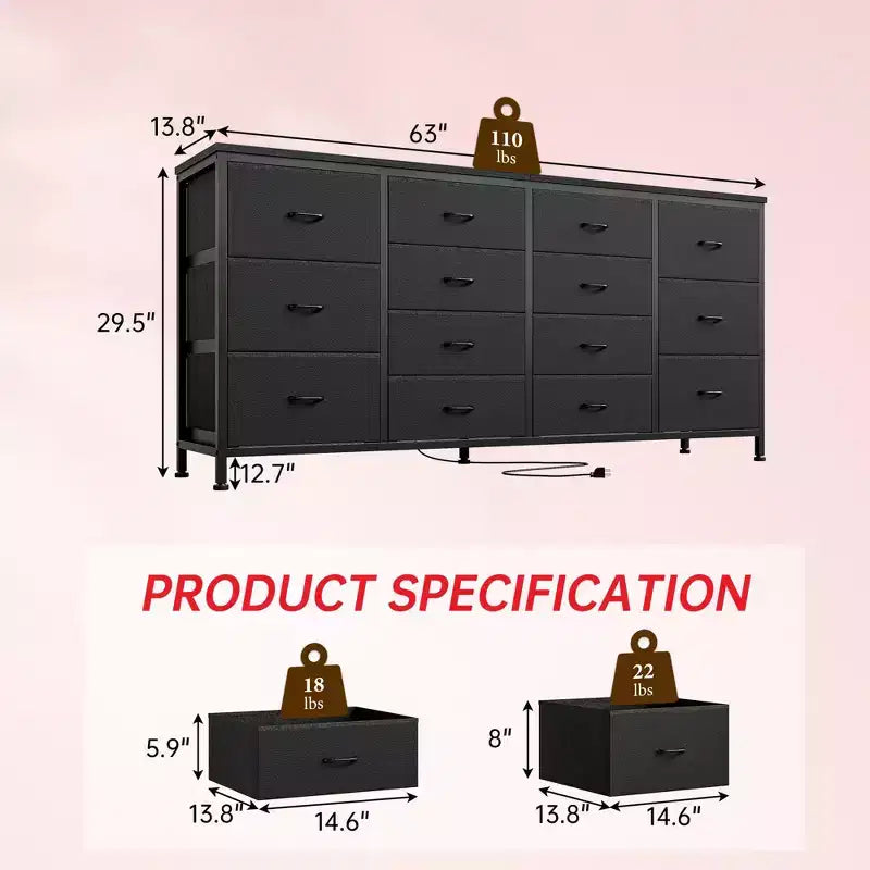 Cassettiera Accent moderno da 63 pollici, porta TV per televisori da 65/70/75 pollici, armadietto a 14 cassetti per camera da letto, cassettiera grande e lunga in tessuto, mobile TV