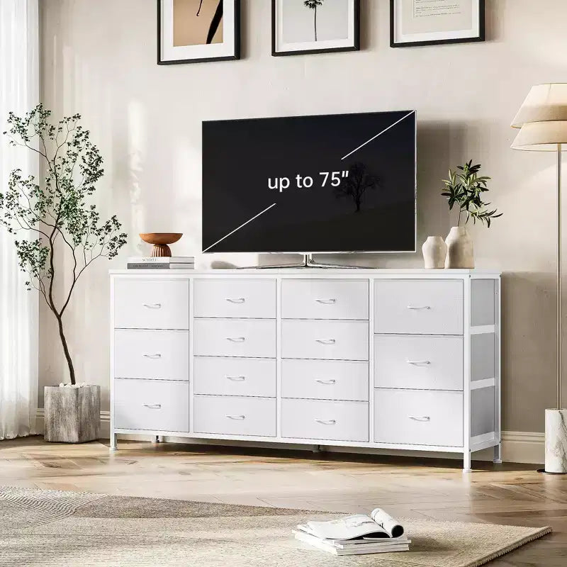 Cassettiera Accent moderno da 63 pollici, porta TV per televisori da 65/70/75 pollici, armadietto a 14 cassetti per camera da letto, cassettiera grande e lunga in tessuto, mobile TV