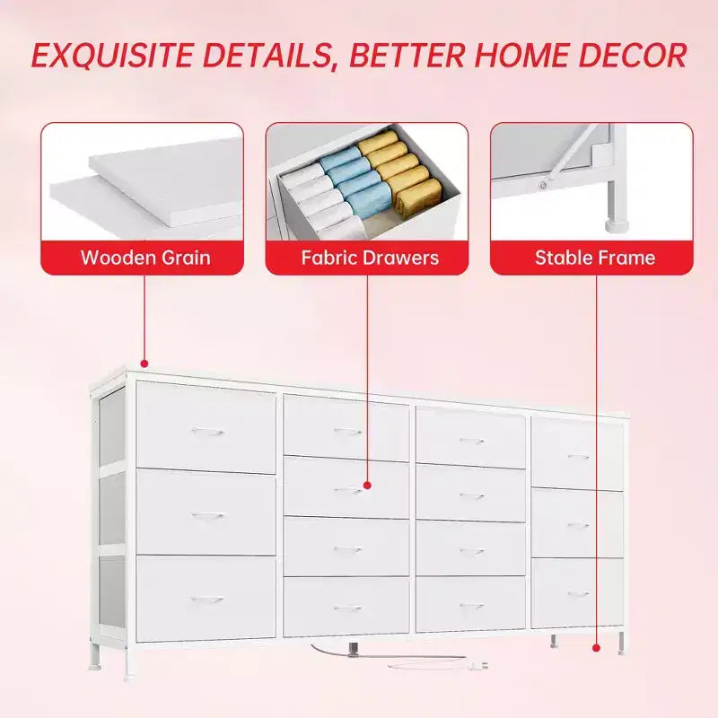 Cassettiera Accent moderno da 63 pollici, porta TV per televisori da 65/70/75 pollici, armadietto a 14 cassetti per camera da letto, cassettiera grande e lunga in tessuto, mobile TV