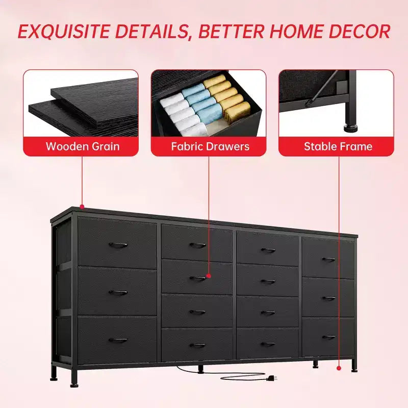 Cassettiera Accent moderno da 63 pollici, porta TV per televisori da 65/70/75 pollici, armadietto a 14 cassetti per camera da letto, cassettiera grande e lunga in tessuto, mobile TV
