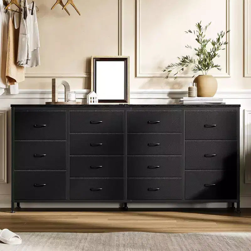 Modern Accent 63 W Dresser, TV Stand for 65/70/75 Inch TV, 14 Drawer Cabinet for Bedroom, Large Long Fabric Dresser Entertainment Center